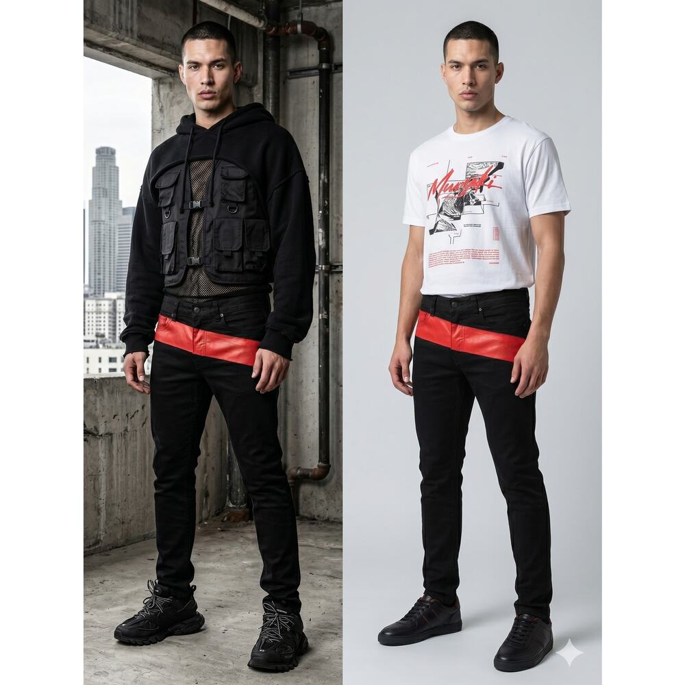 Mursaki Ruben Campos Mens 32 Black Red Stripe Slim Moto Streetwear Jeans Goth
